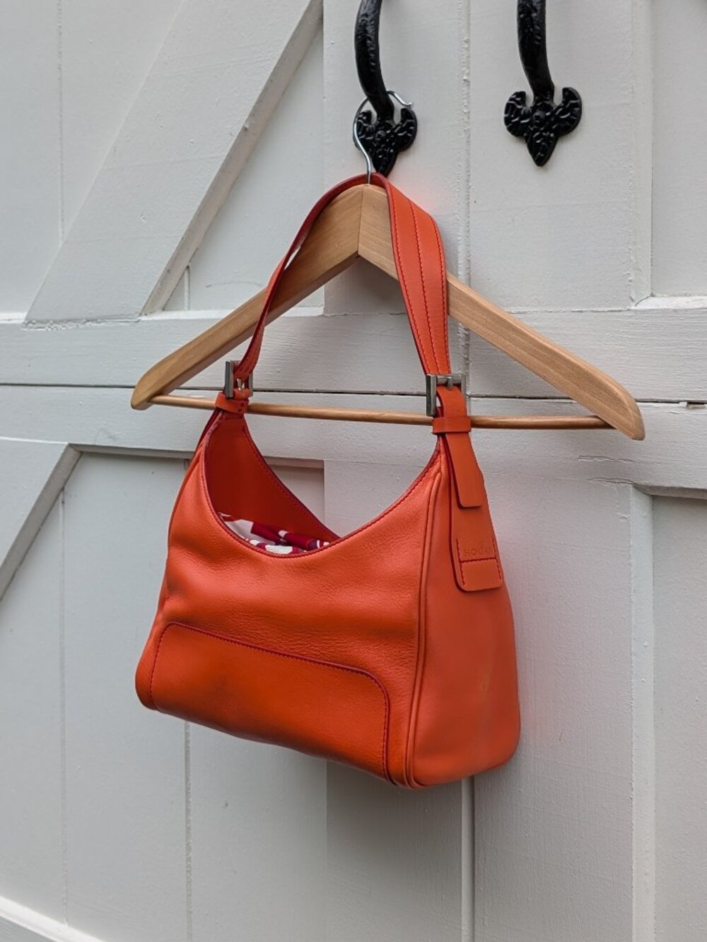 Authentic Hogan Made in Italy Tangerine Orange Leather Drawstring Hobo Bag